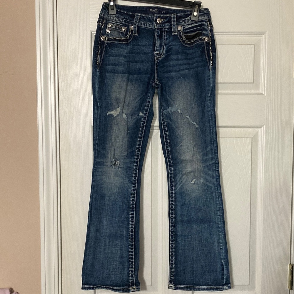 Miss Me Blue Distressed Bootcut Jeans with Embellished Pockets- size 26